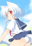  animal_ears blue_hair blush cat_ears cat_tail fang original panties red_eyes school_uniform serafuku short_hair solo tail toba_hiyoko underwear 