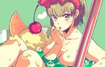  bad_id bad_pixiv_id blonde_hair breasts cherry cleavage copyright_request food fruit fujisawa_machi green_eyes heart ice ice_cube large_breasts licking nude orange short_hair solo tongue 
