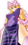  846-gou blonde_hair blush breasts elbow_gloves from_below gloves hat large_breasts long_hair naked_tabard no_bra no_panties pink_gloves pink_legwear purple_eyes sideboob solo tabard thighhighs touhou yakumo_yukari 