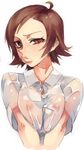  bad_id bad_pixiv_id breast_squeeze breasts brown_eyes brown_hair heisa kazama_asuka medium_breasts nipples see-through shirt solo tekken wet wet_clothes wet_shirt white_shirt 