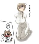  ahoge animal_ears blood blue_eyes bodystocking braid breasts brown_hair cleavage dog_ears dog_tail large_breasts lips lynette_bishop miyafuji_yoshika multiple_girls neck nosebleed strike_witches tail tail_wagging world_witches_series you2 yuri 