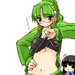  :x breasts dd_(ijigendd) glasses green_hair hair_ornament hand_on_hip homeko large_breasts midriff multiple_girls navel o_o os-tan ponytail shirt_lift simple_background sportswear underboob x_hair_ornament xp-tan xp_home-tan 