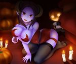  bare_shoulders black_hair breast_hold breasts candle fangs halloween highres horns jack-o'-lantern leotard open_mouth original pumpkin purple_skin red_eyes solo thighhighs tongue yottan 