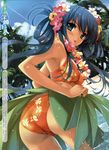  :p absurdres ahoge aqua_eyes aqua_hair ass bikini blush cowboy_shot day floral_print flower hair_flower hair_ornament hibiscus highres huge_filesize lei light_rays long_hair looking_back misaki_kurehito orange_bikini original palm_tree print_bikini solo sunbeam sunlight swimsuit tongue tongue_out tree twintails very_long_hair wet 