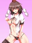  bad_id bad_pixiv_id between_breasts black_hair black_panties blush breasts cleavage hat highres large_breasts looking_at_viewer navel open_clothes open_mouth open_shirt panties panty_pull red_eyes shameimaru_aya shirt short_hair solo suterii thighs tokin_hat touhou underwear undressing white_shirt 