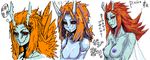  antennae artist_request black_sclera blue_skin breasts character_request joka_(hiwai) monster_girl nipples orange_hair red_eyes red_hair sketch source_request topless translation_request 