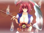  bad_id bad_pixiv_id breasts cleavage hair_bobbles hair_ornament highres large_breasts natsume_riu onozuka_komachi red_eyes red_hair scythe solo touhou wallpaper 