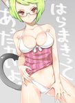  :3 animal_ears breasts cat_ears cat_tail cleavage collarbone colored_eyelashes eyelashes front-tie_top glasses green_hair hands hitowa large_breasts looking_at_viewer midriff navel original panties panty_pull red_eyes seductive_smile short_hair smile solo strap_gap tail underwear 