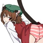  animal_ears ass bent_over brown_hair cameltoe cat_ears cat_tail chen earrings jewelry multiple_tails naughty_face nekomata nikka_(cryptomeria) panties presenting red_eyes solo striped striped_panties tail touhou trefoil underwear 