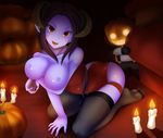  black_hair breast_hold breasts candle fangs halloween highres horns jack-o'-lantern large_breasts leotard nipples open_mouth original pumpkin purple_skin red_eyes solo thighhighs tongue yottan 