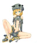  bare_shoulders barefoot blonde_hair detached_sleeves flat_chest graphite_(medium) green_eyes halloween hat mixed_media nabeshima_tetsuhiro open_clothes open_shorts original pointy_ears shoes short_hair shorts single_shoe sitting solo traditional_media zipper 