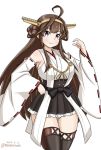  1girl ahoge black_legwear black_skirt boots brown_eyes brown_hair commentary_request cowboy_shot dated detached_sleeves double_bun frilled_skirt frills hairband headgear kantai_collection kongou_(kantai_collection) long_hair looking_at_viewer masara_(masalucky2010) pleated_skirt ribbon-trimmed_sleeves ribbon_trim skirt smile solo standing thigh_boots thighhighs twitter_username 