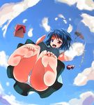  barefoot blue_hair blush cloud day feet from_below geta heterochromia ippongui md5_mismatch panties pantyshot polka_dot polka_dot_panties pov pov_feet sandals short_hair sky soles solo tatara_kogasa toes touhou umbrella underwear upskirt 