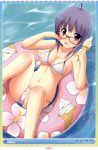  :p absurdres ahoge bikini breasts cleavage copyright_request cream food front-tie_top glasses highres ice_cream innertube large_breasts navel purple_eyes purple_hair see-through shiou_tsuyukusa short_hair solo swimsuit tongue tongue_out wet 