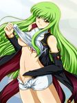  breasts c.c. code_geass elbow_gloves gloves green_hair hand_in_panties large_breasts long_hair midriff navel panties scar shirt_lift shorts solo tanan underboob underwear undressing yellow_eyes 