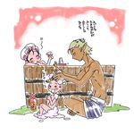  2girls alcohol barefoot bath buront check_translation chibi crossover elf elvaan final_fantasy final_fantasy_xi hakurei_reimu makaron multiple_girls nude pointy_ears rumia sake the_iron_of_yin_and_yang touhou translated translation_request 