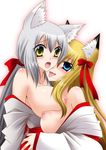  animal_ears blonde_hair blue_eyes blush breasts fang fox_ears gyokuyou hug incest japanese_clothes large_breasts licking multiple_girls nipples shinonome_ryuu silver_hair tenko_kuugen wagaya_no_oinari-sama yellow_eyes yuri 