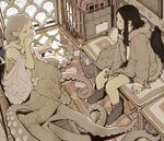  2girls artist_request bench black_hair boots brown_hair coat dress earrings jacket jewelry living_room long_hair monster_girl multiple_girls octopus_girl pointy_ears rug scylla short_hair shorts shy smile surreal tentacle tentacle_girl tile_floor tiles what 