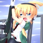  blonde_hair blue_eyes blush breath crotch_rub ear_protection gloves gun iris_(material_sniper) masturbation material_sniper midriff navel open_mouth ponytail reku rifle sniper_rifle solo weapon 