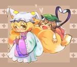  animal_ears blonde_hair blush brown_hair cat_ears cat_tail chen earrings fox_tail hat heart heart_tail jewelry multiple_girls multiple_tails sasoribi-dekine short_hair tail touhou yakumo_ran yellow_eyes 