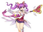  1girl :d aisha_(elsword) back_bow bare_legs bow breasts cleavage dimension_witch_(elsword) elsword gloves hair_ornament highres holding holding_wand leg_up long_hair magical_girl medium_breasts microskirt official_art open_mouth outstretched_arm purple_eyes purple_hair purple_skirt ress shiny shiny_skin skirt smile solo staff star transparent_background twintails wand white_gloves 