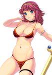  armlet athena_(series) bad_id bad_pixiv_id bikini blue_eyes blush breasts choker cleavage cowboy_shot hairband large_breasts masao princess_athena purple_hair red_bikini smile snk solo swimsuit sword weapon 