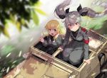  3girls anchovy anzio_military_uniform aqua_hair armband belt blonde_hair blurry_foreground bow carpaccio carro_veloce_cv-33 commentary_request drill_hair from_above girls_und_panzer green_eyes ground_vehicle hair_bow hatch kws leaf looking_at_viewer military military_vehicle motor_vehicle multiple_girls open_mouth pepperoni_(girls_und_panzer) red_eyes sam_browne_belt signature sitting smile tank twin_drills twintails 