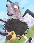  animal_ears bad_id bad_pixiv_id basket blush capelet day dowsing_rod grey_hair jewelry looking_back midair mouse mouse_ears mouse_tail nazrin pendant red_eyes short_hair sky smile solo tail touhou tsuguha 