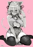  1girl animal_ears bare_shoulders black_legwear blush breasts cat_ears cat_tail china_dress chinese_clothes cleavage cleavage_cutout commentary_request dress erect_nipples fake_animal_ears fate/grand_order fate_(series) hair_ribbon jeanne_d&#039;arc_(alter)_(fate) jeanne_d&#039;arc_(fate)_(all) kojima_saya large_breasts monochrome no_panties pelvic_curtain ribbon seiza short_hair sitting tail thighhighs 