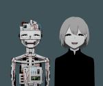  :d android avogado6 black_shirt blue_background half-closed_eyes long_sleeves looking_at_viewer open_mouth original pale_skin robot_joints robotic_parts shirt simple_background smile teeth 