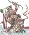  artist_request breasts brown_eyes claws cleavage dark_skin horns monster_girl mov multi_arm multi_limb muscle smile tail weapon white_hair 