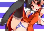  armpits black_hair china_dress chinese_clothes copyright_request dress panties pantyshot red_eyes short_hair solo striped striped_panties thighhighs underwear yomi_(artist) 