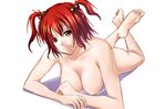  ajishio barefoot breasts feet hair_bobbles hair_ornament hands hanging_breasts large_breasts lying nude on_stomach onozuka_komachi red_hair sketch smile solo the_pose touhou two_side_up 