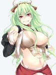  areola_slip areolae breasts bridal_gauntlets center_opening collar covered_nipples green_hair grin hands highres horns large_breasts long_hair midriff navel original purple_eyes smile smirk solo uneven_eyes upper_body yoshi_hyuuma 