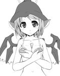  animal_ears bare_shoulders between_breasts blush bra breast_hold breasts frown greyscale hat large_breasts lingerie monochrome mystia_lorelei short_hair solo touhou underwear wings you_naka 