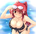 ;3 adjusting_eyewear areola_slip areolae bangs bent_over bikini blush breasts brown_eyes cleavage collarbone eyewear_on_head front-tie_top glasses goggles kousaka_tamaki large_breasts leaning_forward long_hair looking_at_viewer nose_blush ocean one_eye_closed outdoors red_hair side-tie_bikini solo straight_hair swimsuit to_heart_2 twintails wet zekkyon 