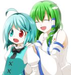  ahoge bad_id bad_pixiv_id blue_eyes blue_hair detached_sleeves frog green_hair hair_ornament heterochromia kochiya_sanae long_hair multiple_girls red_eyes ringpearl short_hair snake tatara_kogasa touhou 