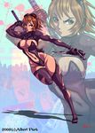  albert_park angry black_eyes blue_eyes breasts brown_hair cleavage copyright_request curvy goggles gun knife large_breasts navel ninja orange_hair reverse_grip ringed_eyes shadow sheath short_hair solo sword thick_thighs thighs unsheathing weapon wide_hips zoom_layer 