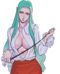  alternate_costume breasts dress_shirt green_hair large_breasts lips long_hair morrigan_aensland no_bra ogami open_clothes open_shirt orange_eyes parted_lips pointy_ears riding_crop shirt skirt solo vampire_(game) whip 