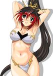  bandeau bare_shoulders bikini black_hair blue_eyes breasts cleavage detached_sleeves hair_ornament large_breasts long_hair multicolored_hair nanbu_kaguya ponytail red_hair shiny shiny_skin shu-z simple_background solo super_robot_wars super_robot_wars_og_saga_mugen_no_frontier swimsuit two-tone_hair 