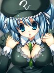  blue_eyes blue_hair breasts cleavage cucumber embellished_costume frills hat kawashiro_nitori lace large_breasts sexually_suggestive solo takeda_aranobu touhou twintails two_side_up 