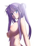  breasts closed_mouth eunos eyebrows_visible_through_hair frown hair_between_eyes hair_ribbon hiiragi_kagami large_breasts lens_flare long_hair looking_at_viewer lucky_star md5_mismatch navel nipples nude perky_breasts purple_eyes purple_hair purple_ribbon ribbon simple_background solo tsundere tsurime twintails upper_body white_background 