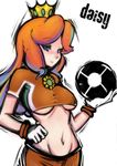  ball blue_eyes breasts crop_top crown gloves groin jewelry long_hair mario_(series) mario_strikers_charged medium_breasts midriff navel orange_hair pendant princess_daisy shirt sho-n-d soccer_ball solo sportswear super_mario_bros. taut_clothes taut_shirt underboob 