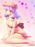  barefoot blush breasts crescent hat highres large_breasts nipples patchouli_knowledge purple_hair solo strap_slip tdk touhou 