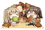  2girls :d baguette bangs black_pants blush_stickers bread brown_hair brown_jacket brown_shirt chibi chocolate_cornet closed_mouth commentary_request eating eyebrows_visible_through_hair eyes_closed food hair_between_eyes holding holding_food jacket kurata_rine light_brown_hair loaf_of_bread long_sleeves melon_bread multiple_girls open_clothes open_jacket open_mouth original pants plaid ponytail shirt shoe_soles shoes smile white_background white_footwear white_shirt 
