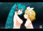  aqua_eyes bb blonde_hair breasts cloudxmoe green_hair hatsune_miku kagamine_rin large_breasts long_hair twintails vocaloid vocaloid2 