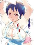  apron blue_hair breasts bursting_breasts cleavage huge_breasts igarasy open_mouth original popped_button red_eyes solo sweatdrop unbuttoned wardrobe_malfunction 