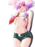  alternate_hairstyle animal_ears bare_shoulders blush breasts bunny_ears colorized denim denim_shorts haruyonoto md5_mismatch medium_breasts nakajou navel necktie open_clothes open_shorts panties purple_hair red_neckwear reisen_udongein_inaba shorts simple_background solo touhou underboob underwear unzipped white_background 