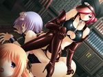  3girls ass blonde_hair blue_eyes blue_hair breasts chain chains clothed_female_nude_female dominatrix femdom femsub game_cg glasses gloves huge_breasts lezdom long_hair maid multiple_girls nude open_mouth purple_eyes red_hair short_hair sitting sitting_on sitting_on_person slave source_request submissive tongue yuri 