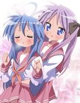  ahoge blue_eyes blue_hair blush closed_eyes groping hair_ribbon hand_under_clothes hand_under_shirt hiiragi_kagami izumi_konata long_hair lucky_star mole mole_under_eye multiple_girls navel pink_neckwear purple_hair ribbon ryouou_school_uniform school_uniform serafuku shirt shirt_lift smile tsurime twintails yamasaki_wataru yuri 